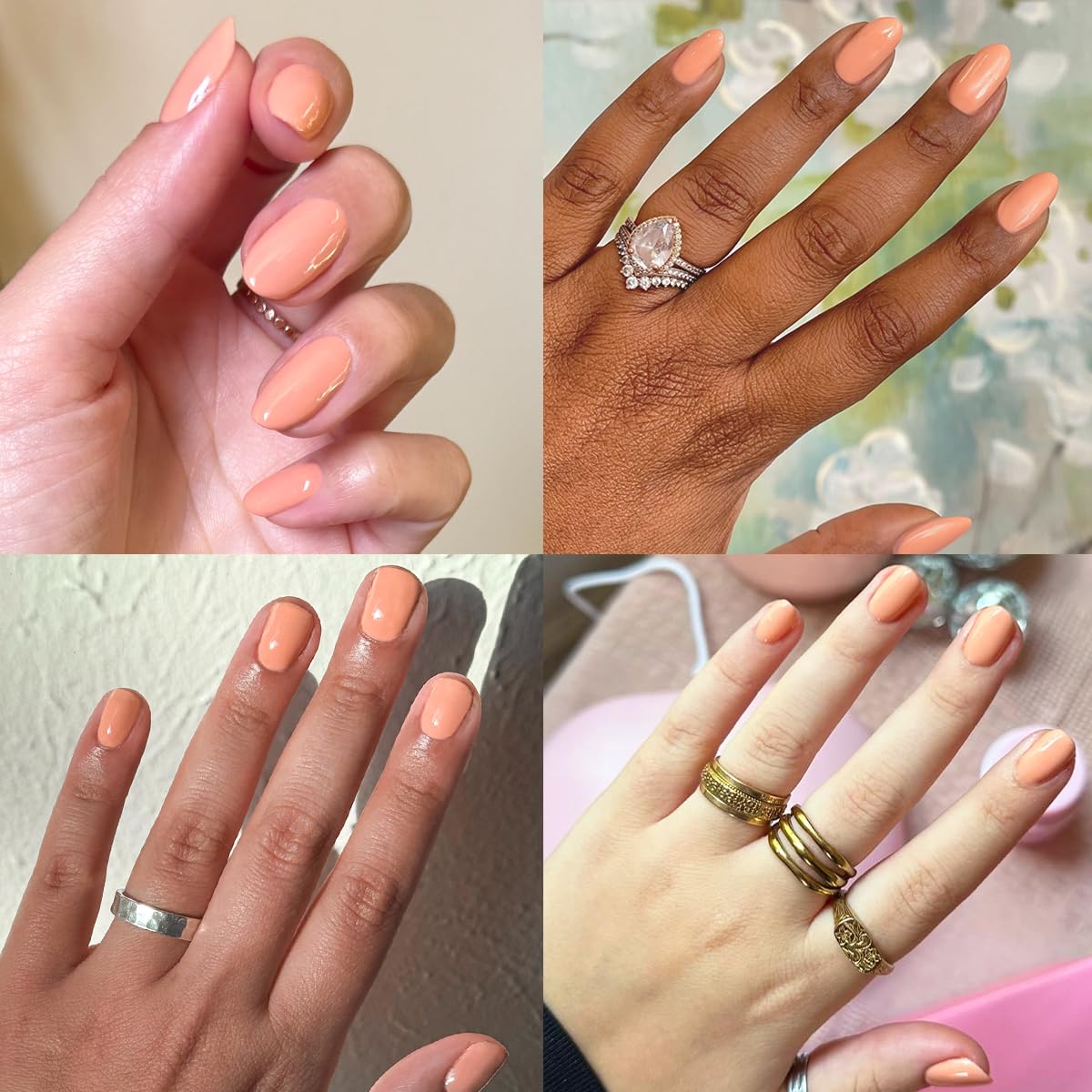 Olive & June CS Coral manicure on hand showcasing salon-quality shine