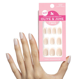Olive & June front packaging showing Classic French set and eco materials benefit