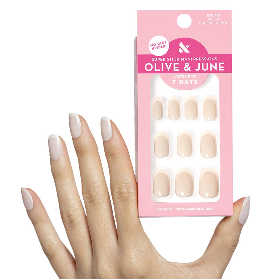 Olive & June front packaging showing Classic French set and eco materials benefit