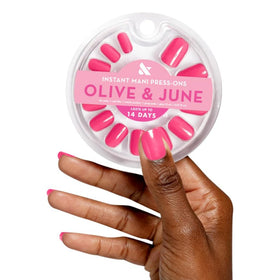 Olive & June front packaging showing Hot Strawberry and contents benefit instant salon look