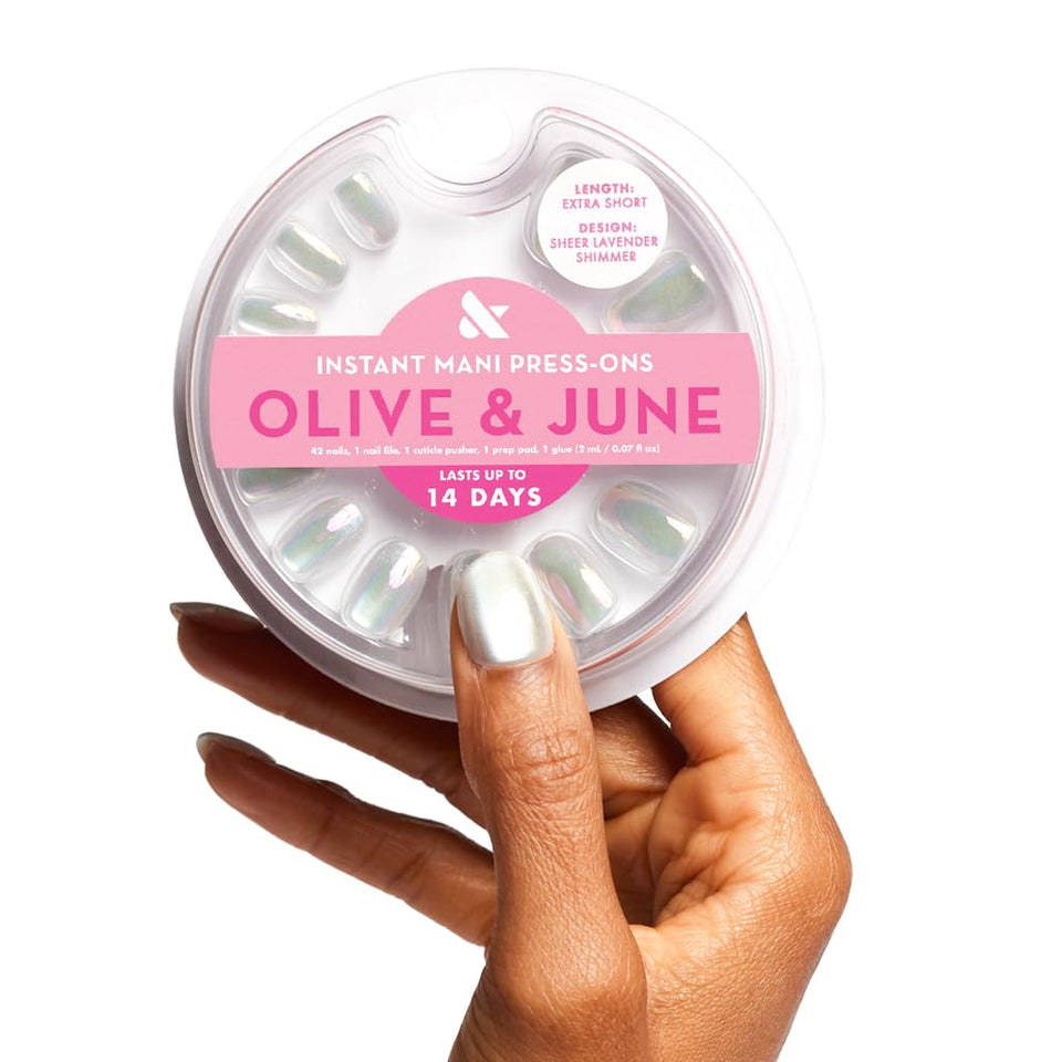 Olive & June front packaging showing kit contents and Sheer Lavender Shimmer benefit: ready-to-use salon finish