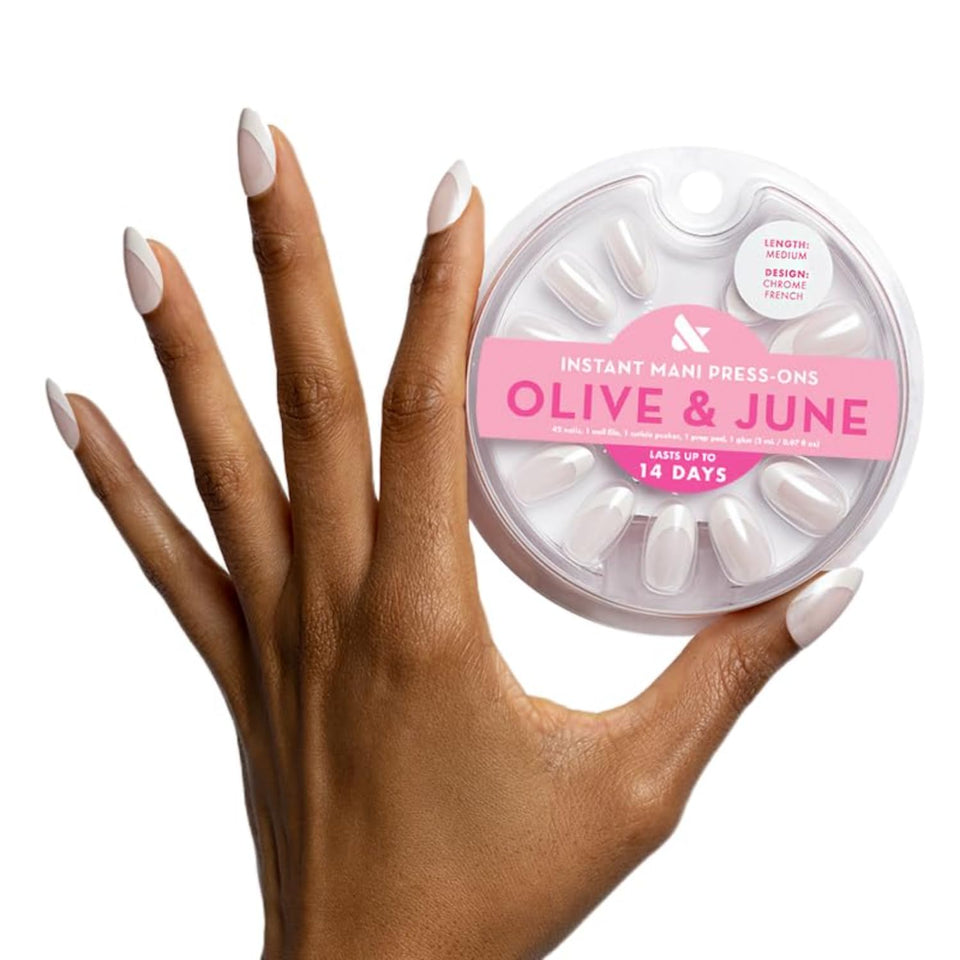 Olive & June front packaging showing Instant Mani kit and chrome French design benefits a ready-at-home manicure