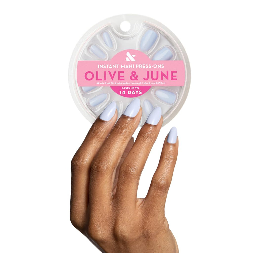 Olive & June front packaging showing Instant Mani kit and inclusive sizes