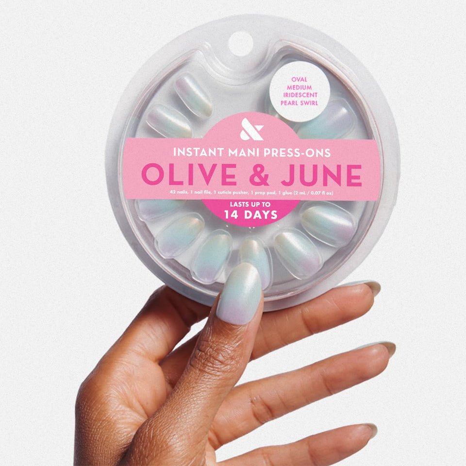 Olive & June front packaging showing Instant Mani kit and contents benefit: complete at-home manicure