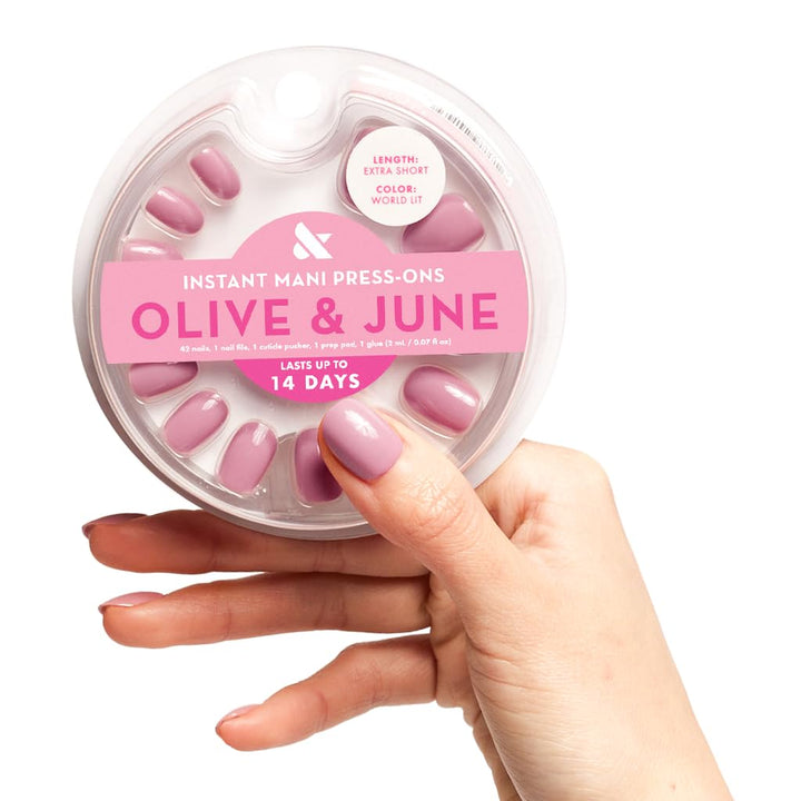 Olive & June front packaging showing mauve press-on nails and included tools