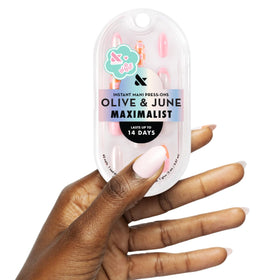 olive & june front packaging showing chrome flower nails and included tools benefit quick salon look