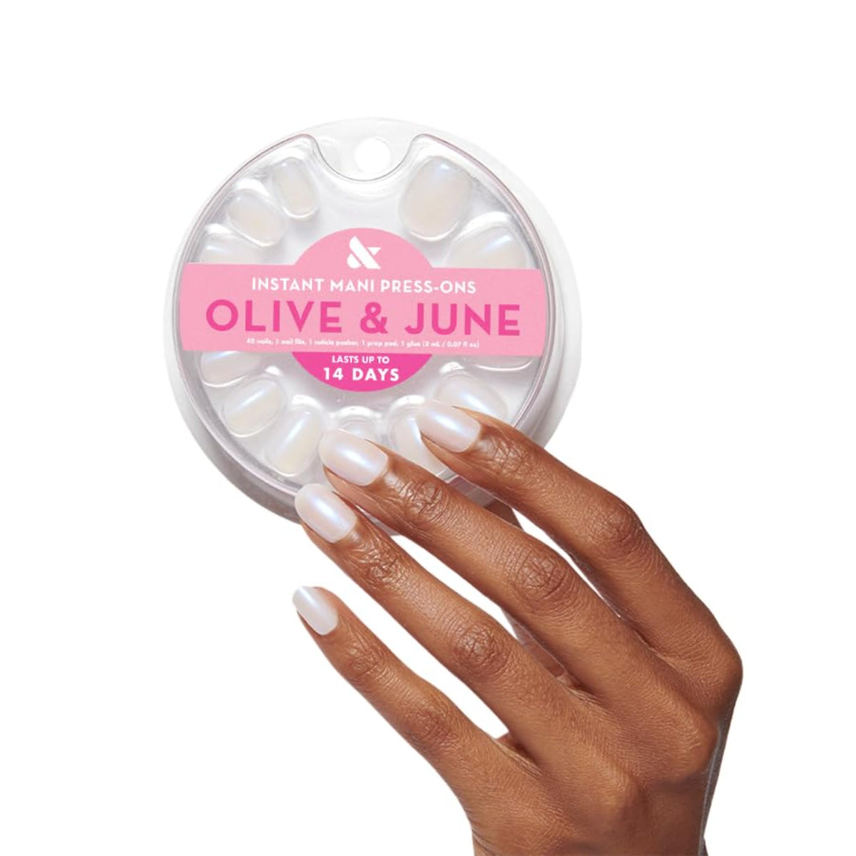 Olive & June front packaging showing Pink Goldfish and included tools benefit: clear contents