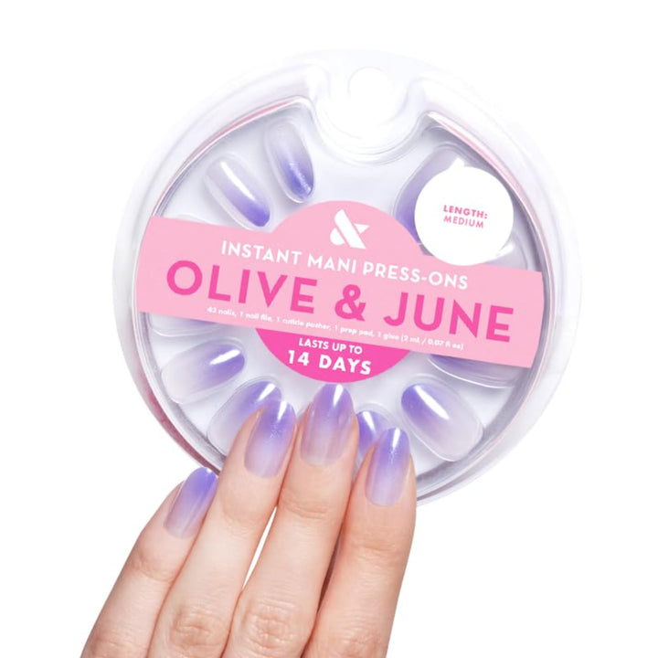 Olive & June front packaging showing purple chrome gradient and kit contents benefit convenience
