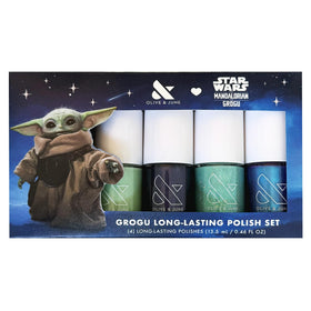 Olive & June front packaging showing Mandalorian and Grogu limited-edition set with collectible appeal