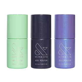 Olive & June gel polish bottle close-up showing label and neat applicator, easy salon control