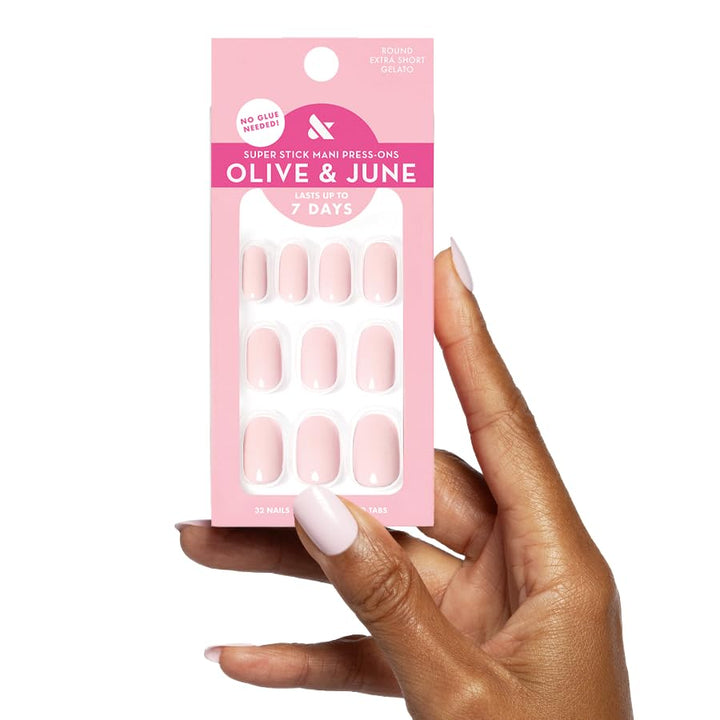 Olive & June front packaging showing Gelato Pink set and included tools