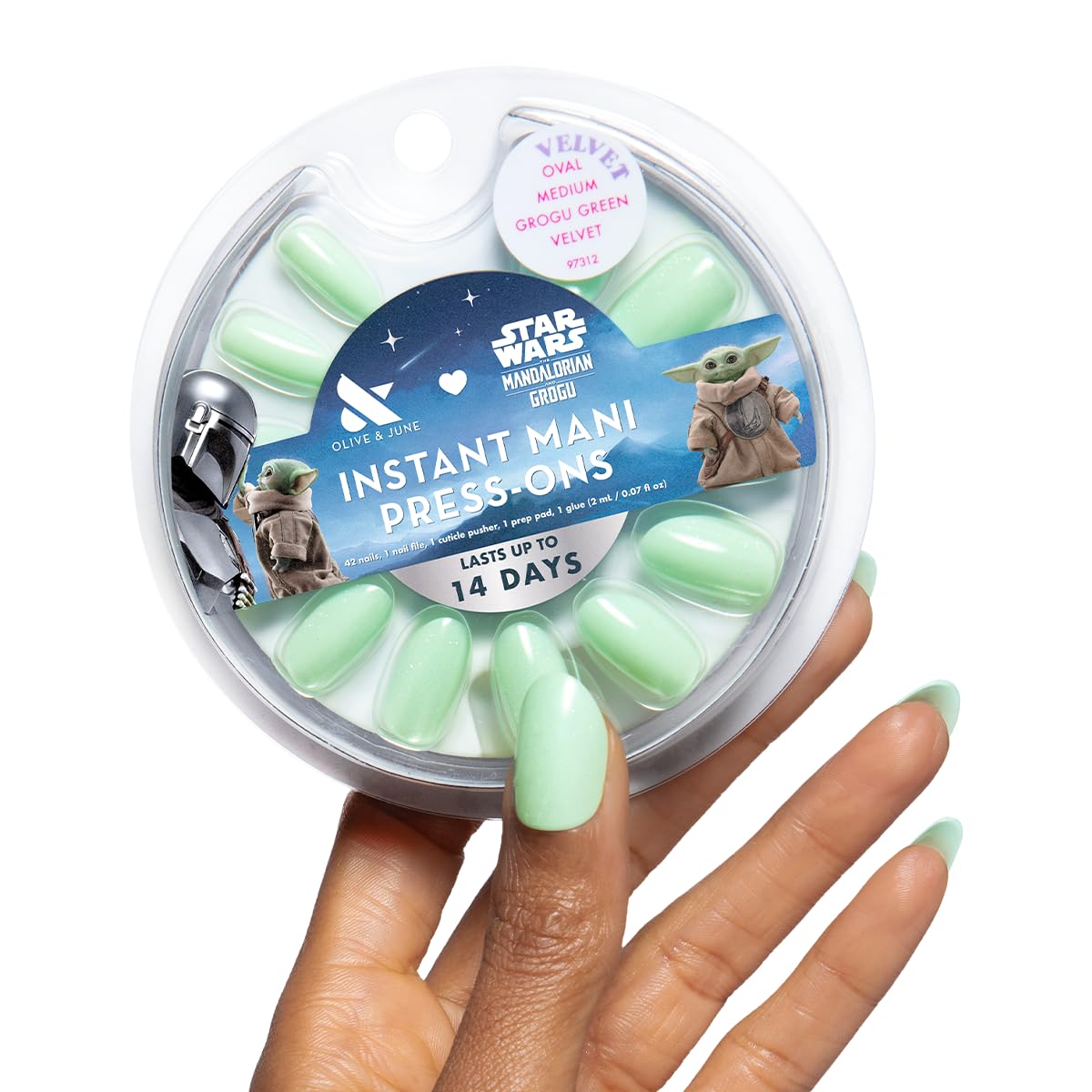 Olive & June front packaging showing Grogu green velvet and design benefit: instant salon look