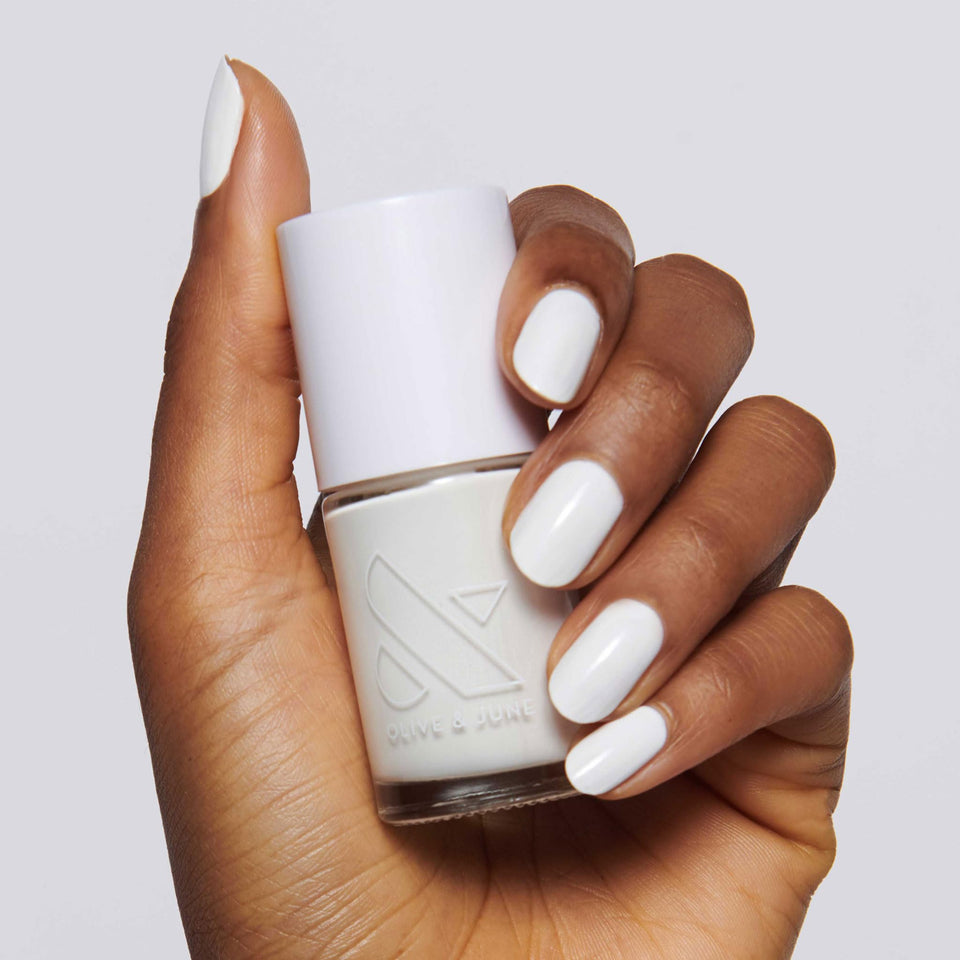 Olive & June bottle front packaging displaying crisp white polish and brand