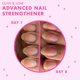 Hand receiving Olive & June treatment in manicure setting for salon-quality results