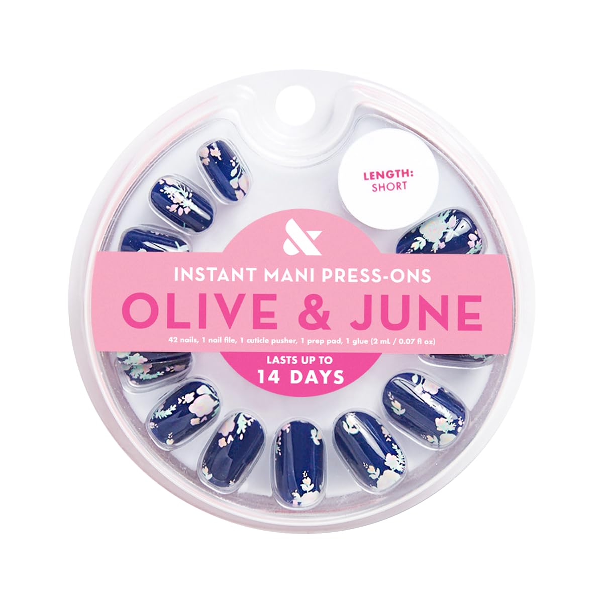 Olive & June arranged 42 nails display, showing available sizes and design