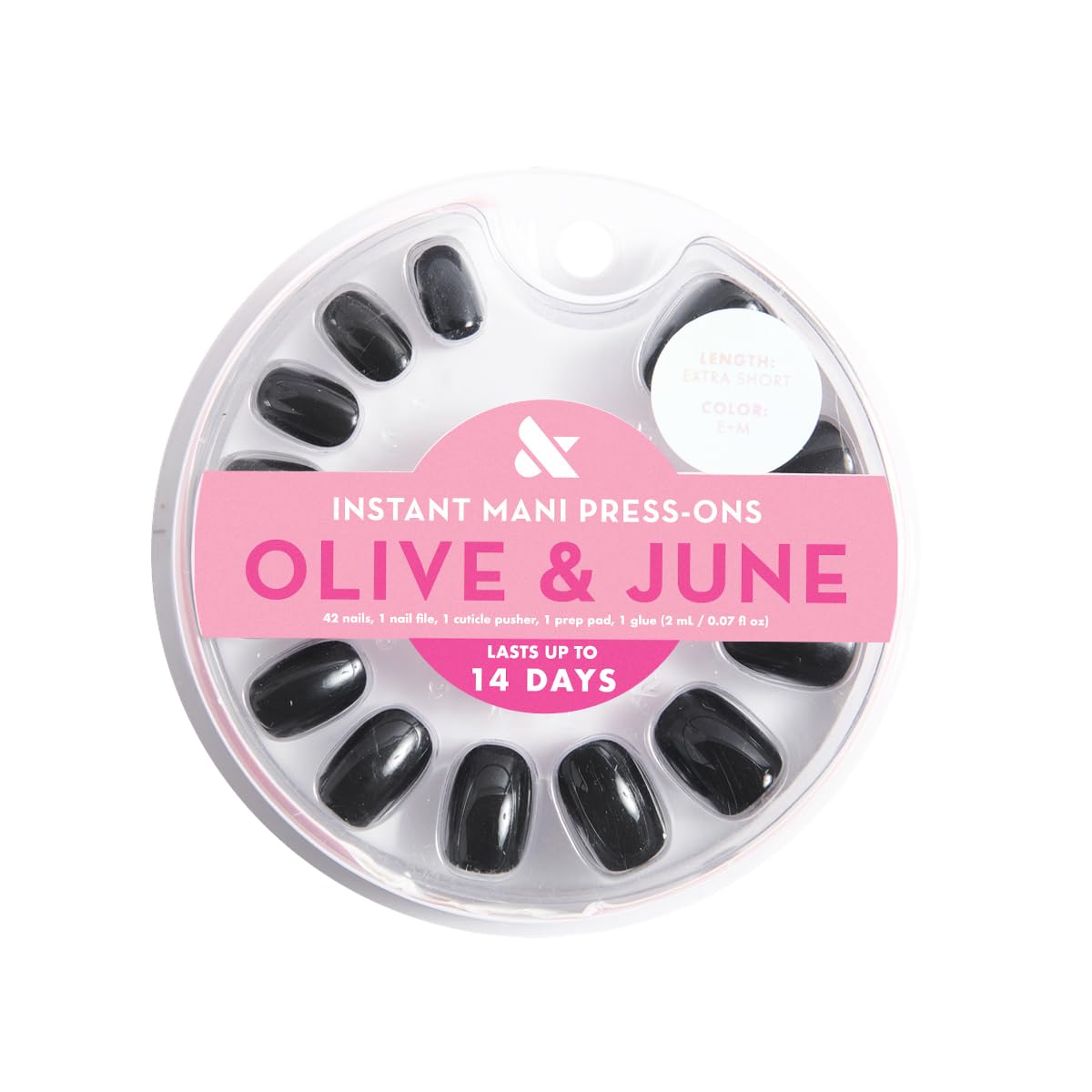 Olive & June 42-piece nail layout displaying 21 inclusive sizes
