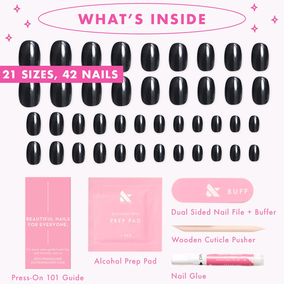 Olive & June size comparison showing varied nail widths for fit