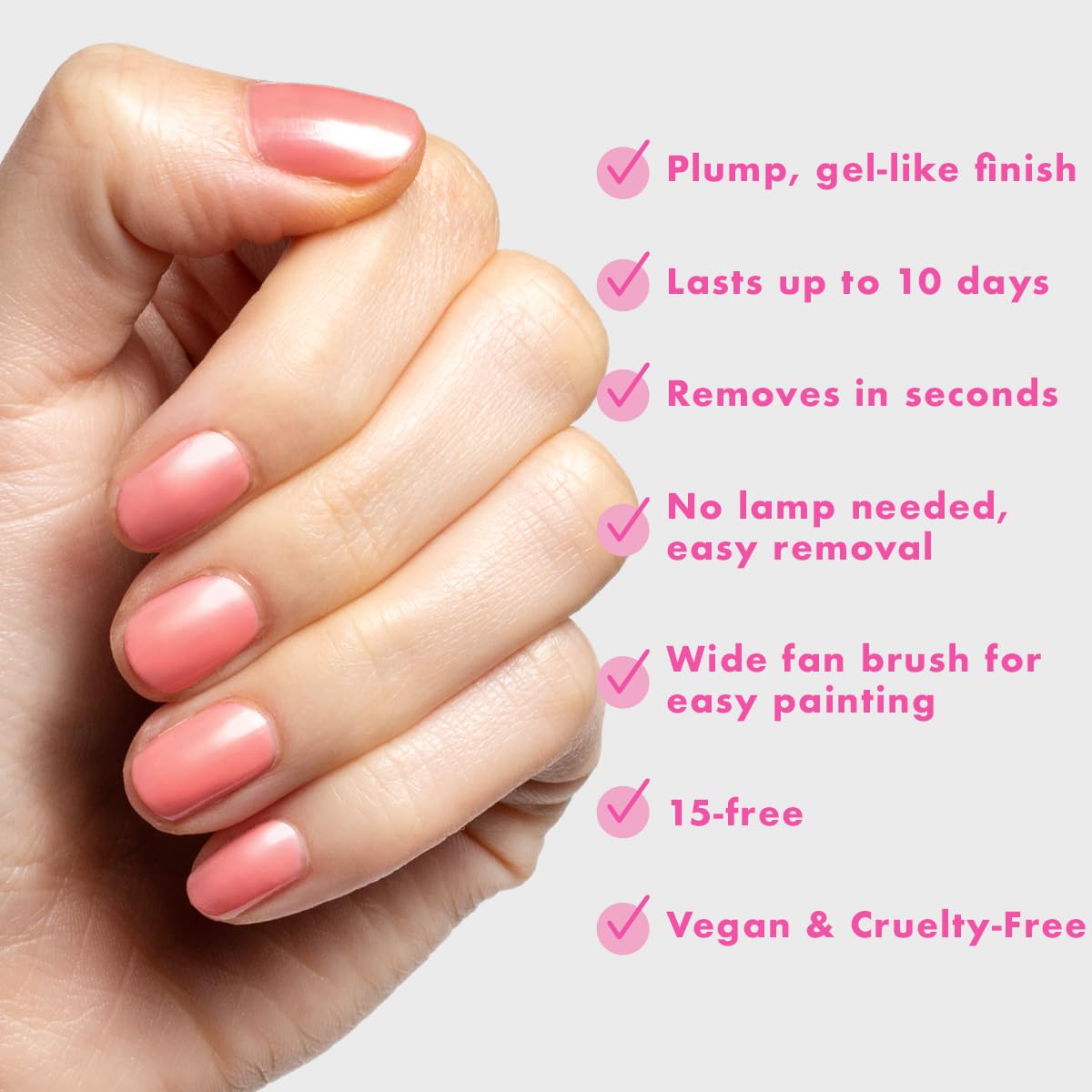 Olive & June hand model with finished manicure demonstrating salon finish