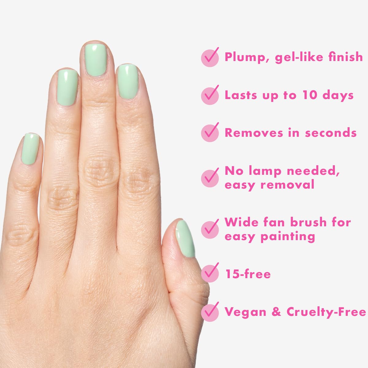 Olive & June manicured hands in Grogu Green showing salon-like glossy result