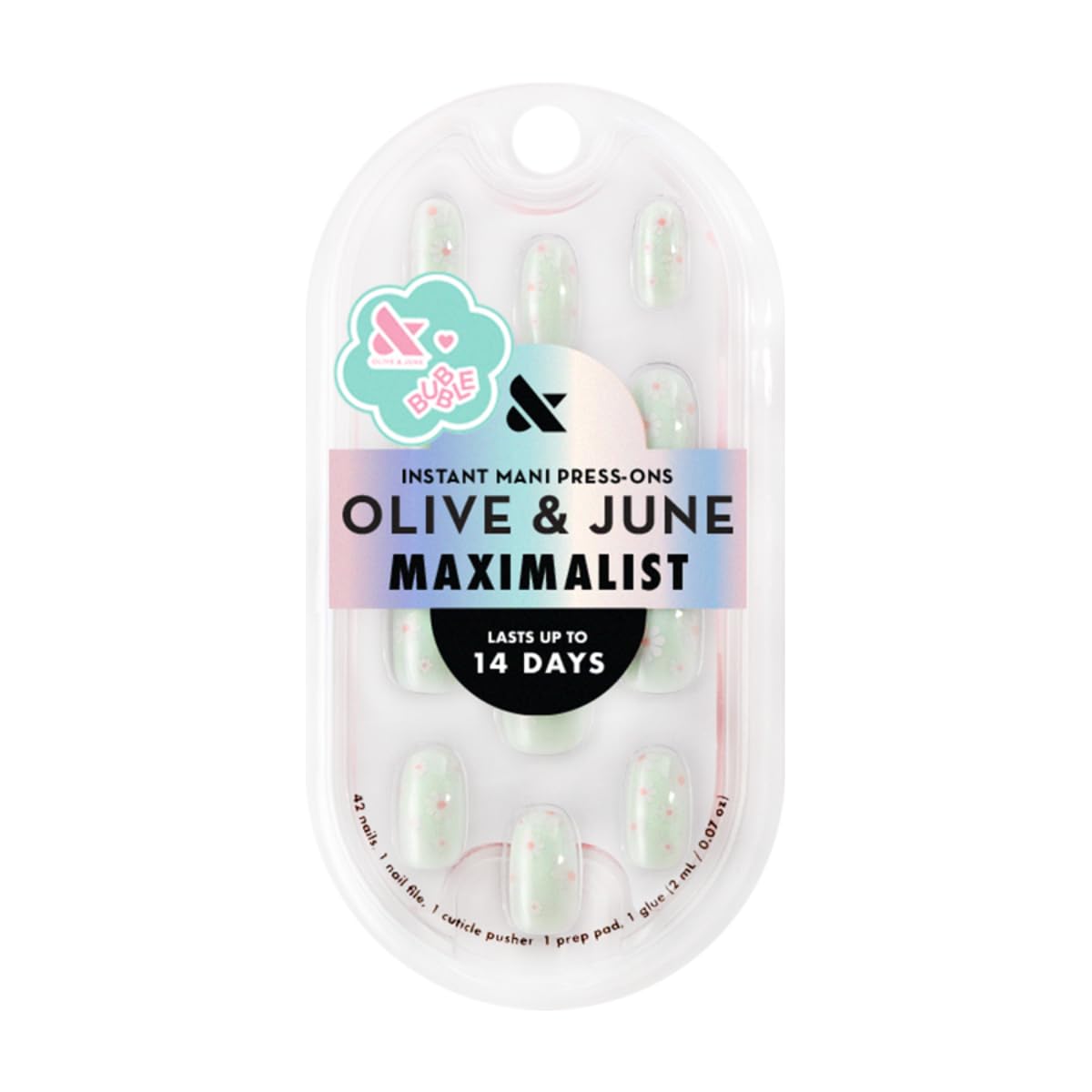 Olive & June front packaging showing kit and bold teal chrome design benefits realistic look