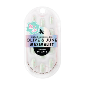 Olive & June front packaging showing kit and bold teal chrome design benefits realistic look