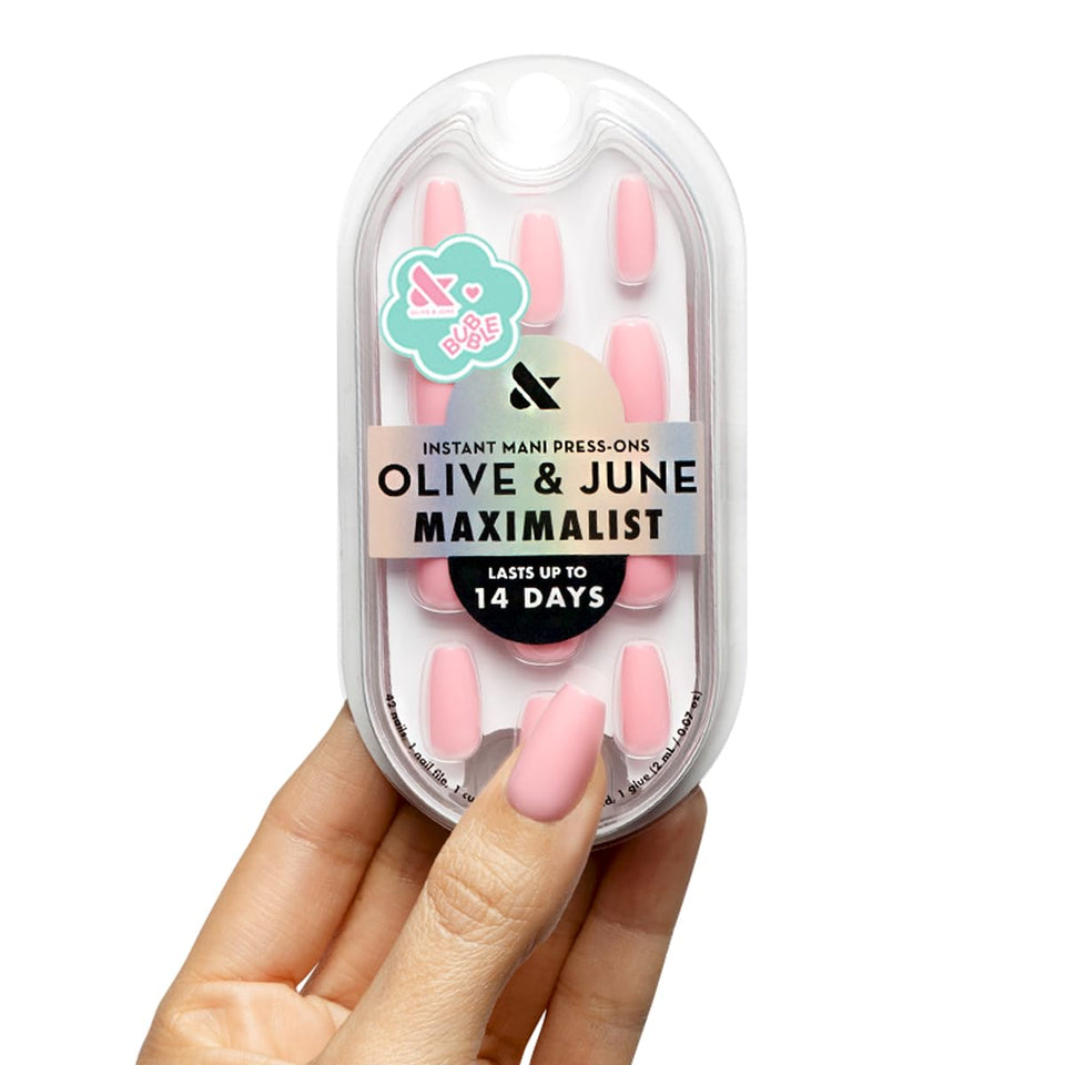 Olive & June front packaging showing included press-on nail kit benefit convenience