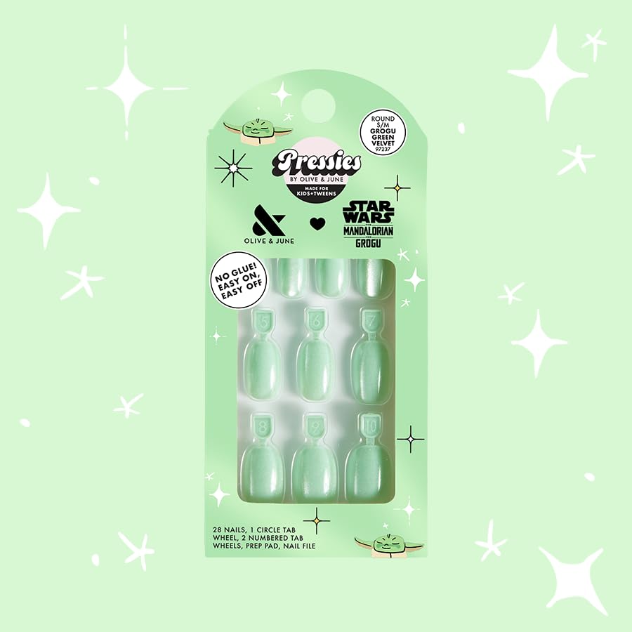 Olive & June close-up of Grogu nail art showcasing vibrant detail and smooth finish