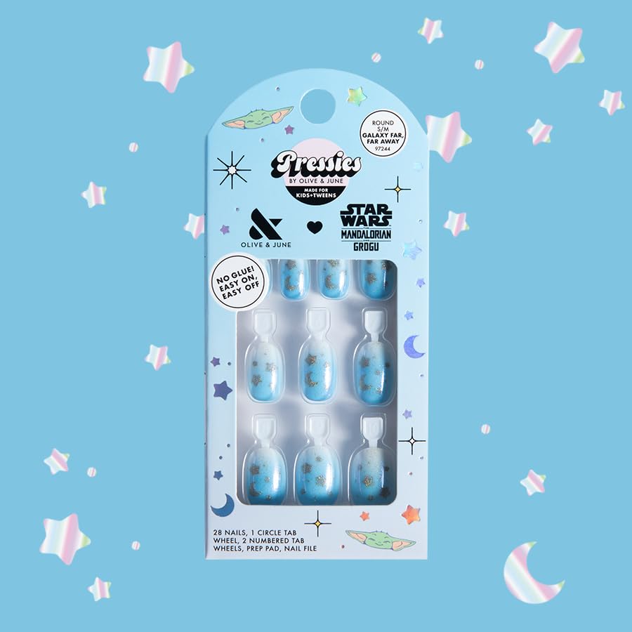 Olive & June close detail of Grogu nail art showcasing kid-friendly licensed design