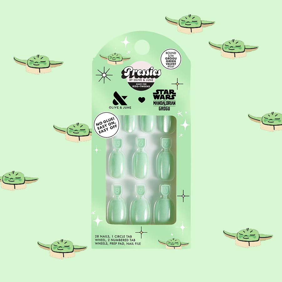 Olive & June spread of 28 nails in 14 sizes demonstrating inclusive child fit