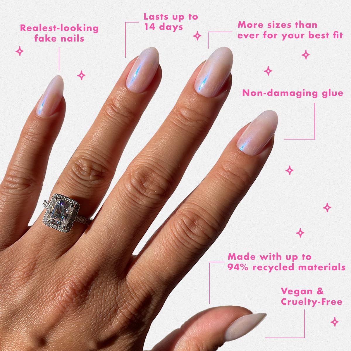 Olive & June press-on nails worn on hand in lifestyle setting benefit: polished fast