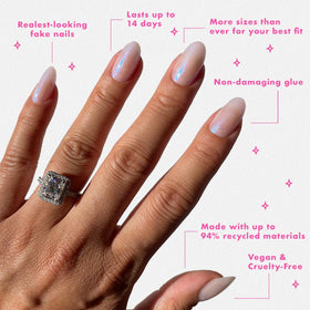 Olive & June press-on nails worn on hand in lifestyle setting benefit: polished fast