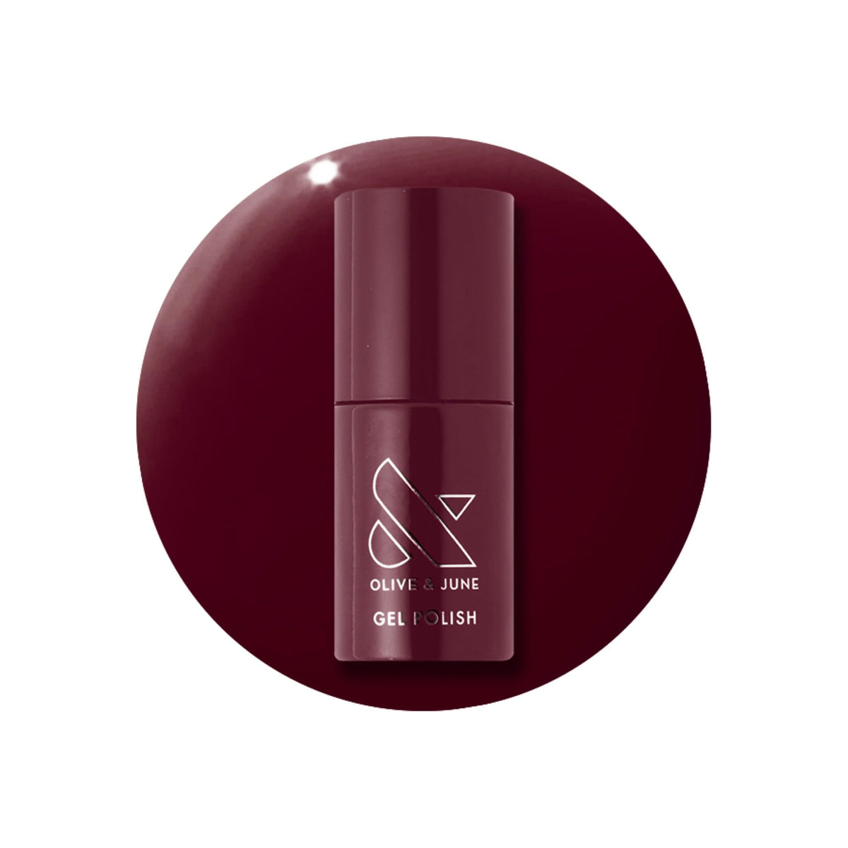 Olive & June bottle front packaging showing deep ruby shade and label benefits