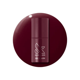 Olive & June bottle front packaging showing deep ruby shade and label benefits
