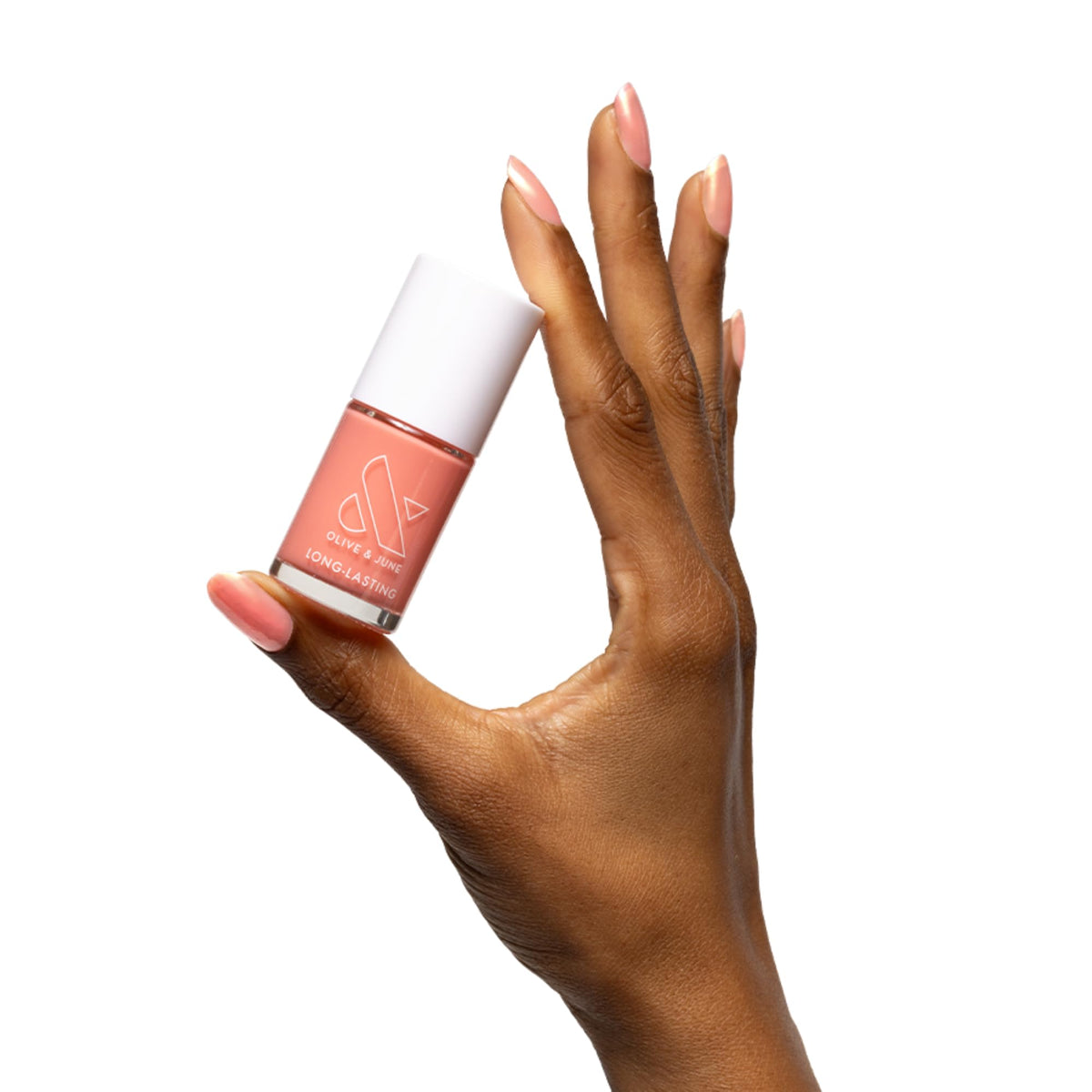Olive & June front bottle shot showing papaya coral shade and brand