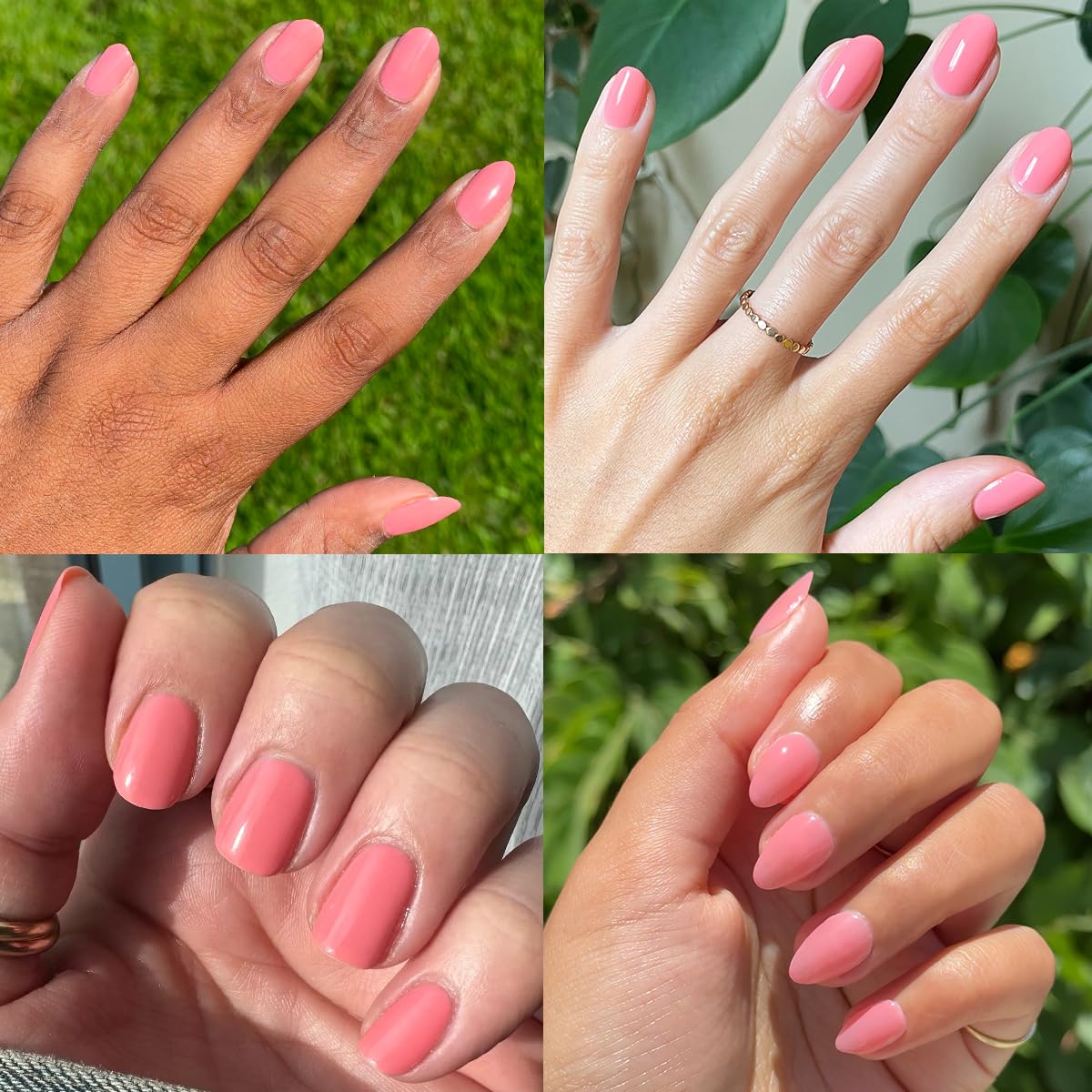 Olive & June nail swatch on sample stick showing glossy coral pigment