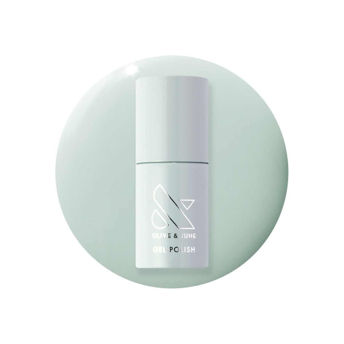 Olive & June bottle of Pastel Sage showing label and glossy finish benefit