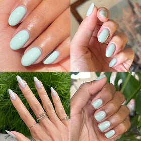 Close-up texture of cured Olive & June Pastel Sage showing plump shine benefit
