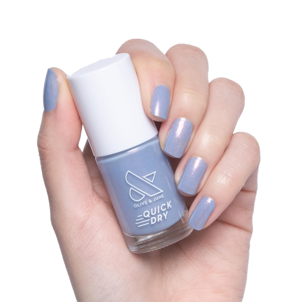 Olive & June front bottle shot showing periwinkle shimmer and glossy finish