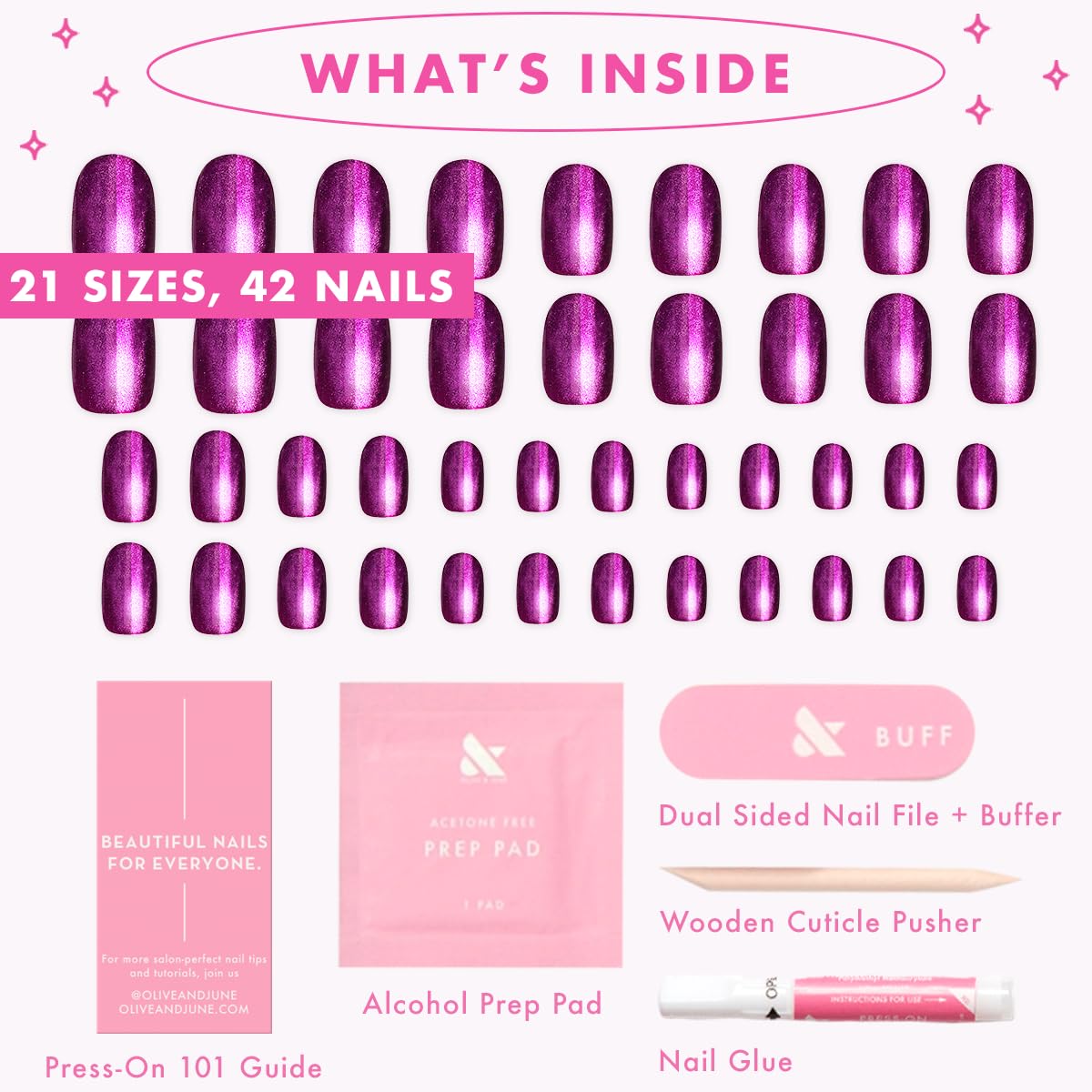 Array of Olive & June press-on sizes and chart illustrating 21 sizes for better fit