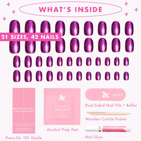 Array of Olive & June press-on sizes and chart illustrating 21 sizes for better fit