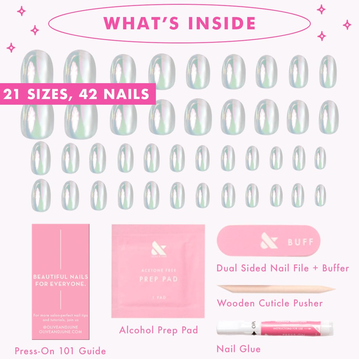 Olive & June press-on being applied to a fingernail benefit: quick, secure bond for long wear