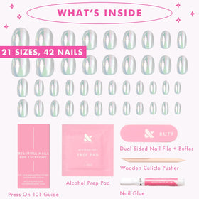 Olive & June press-on being applied to a fingernail benefit: quick, secure bond for long wear