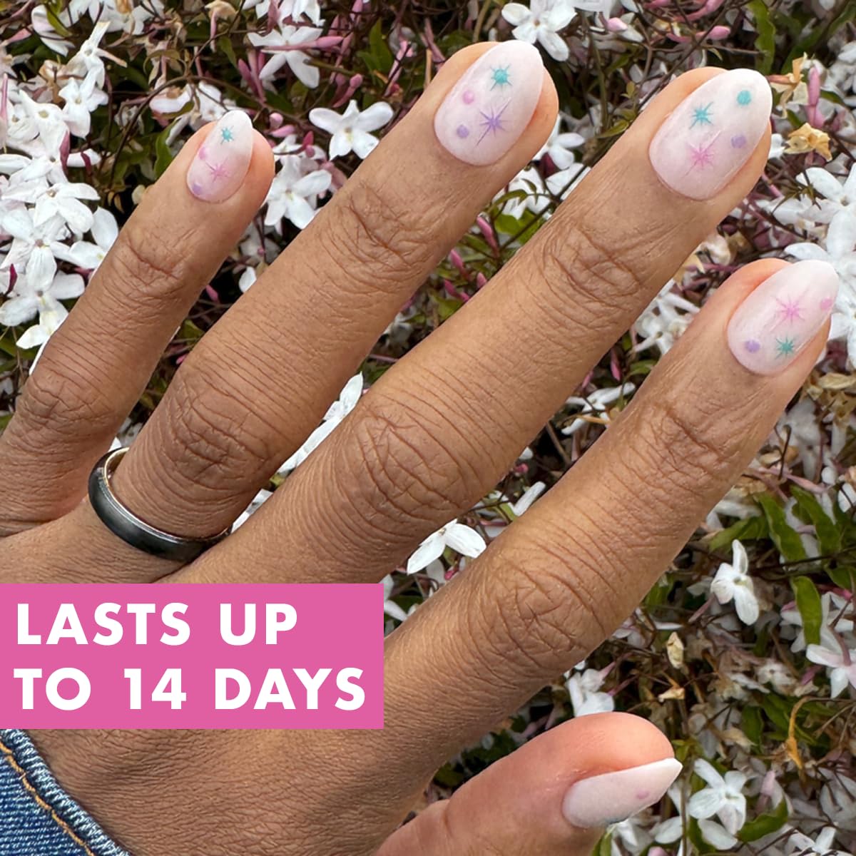 Olive & June spread of 42 press-on nails showing size variety benefit