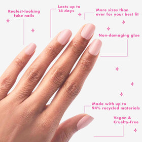 Olive & June press-ons applied on hand showing realistic salon-quality look