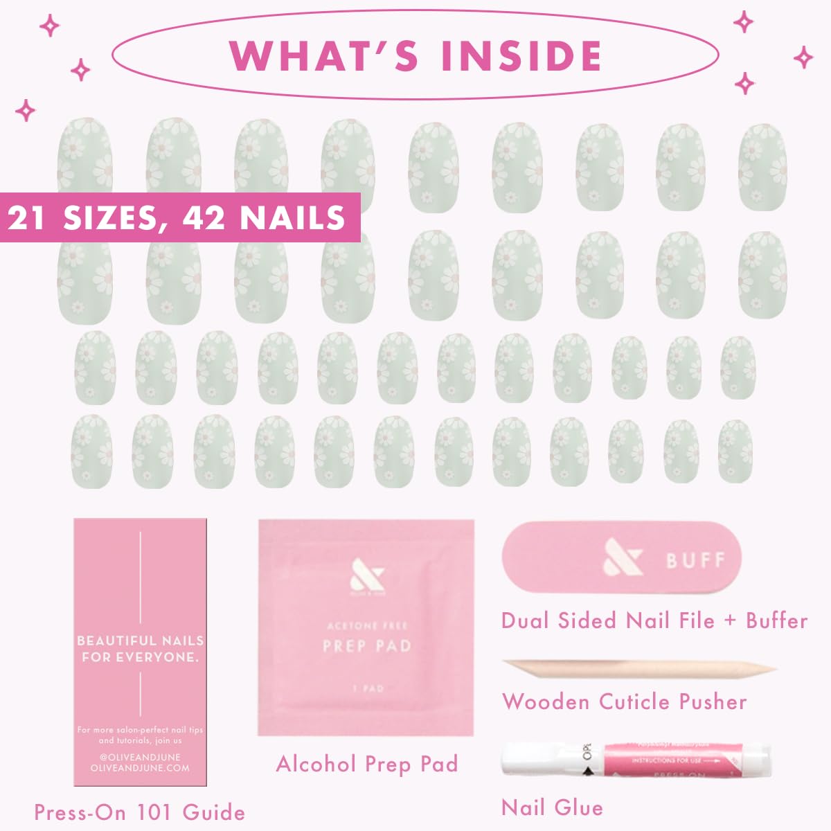 Olive & June nails next to ruler for scale showing available sizes and fit options
