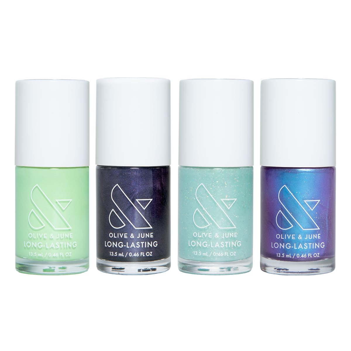 Olive & June four long-lasting polish bottles displayed flat with vibrant collectible shades