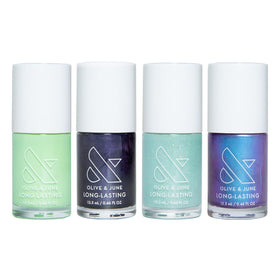 Olive & June four long-lasting polish bottles displayed flat with vibrant collectible shades