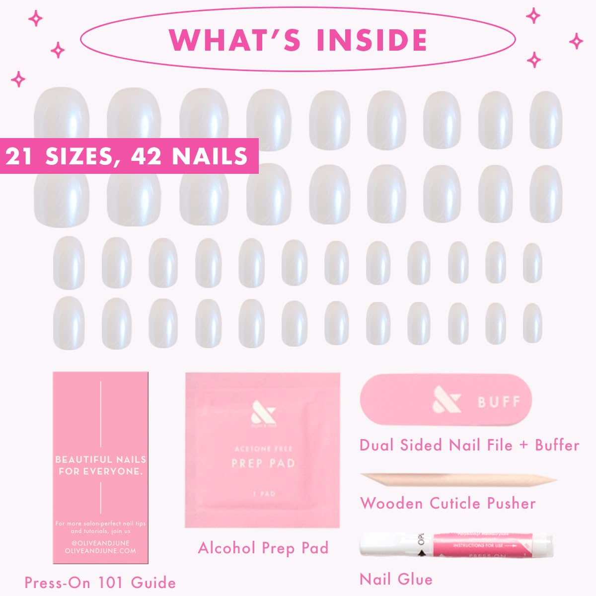 Olive & June size chart and sample nails showing size variety benefit: precise sizing