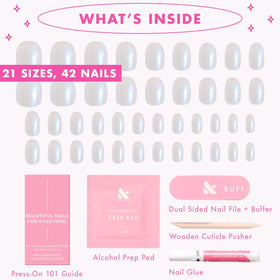 Olive & June size chart and sample nails showing size variety benefit: precise sizing