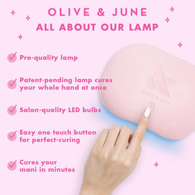 Olive & June bottle beside a coin to show product size and travel-friendly benefit